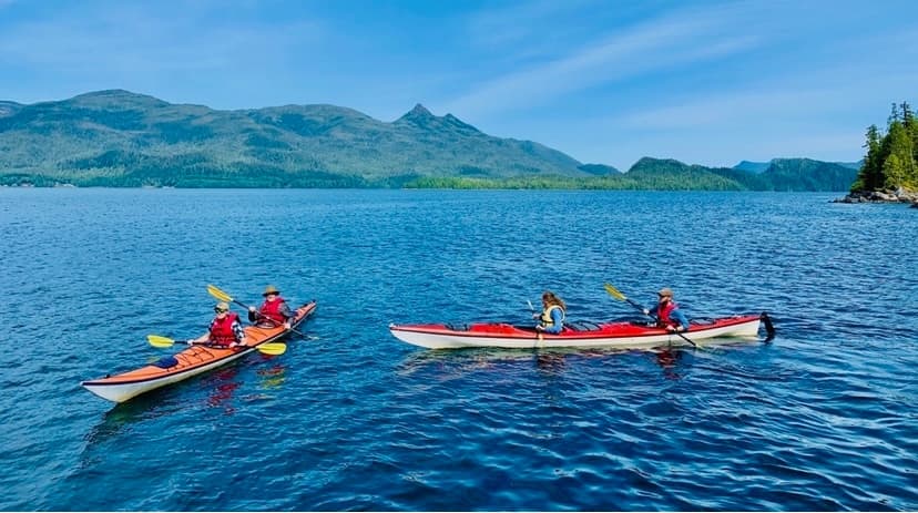 Tandem sea kayakers paddling in Orca Cove near Ketchikan